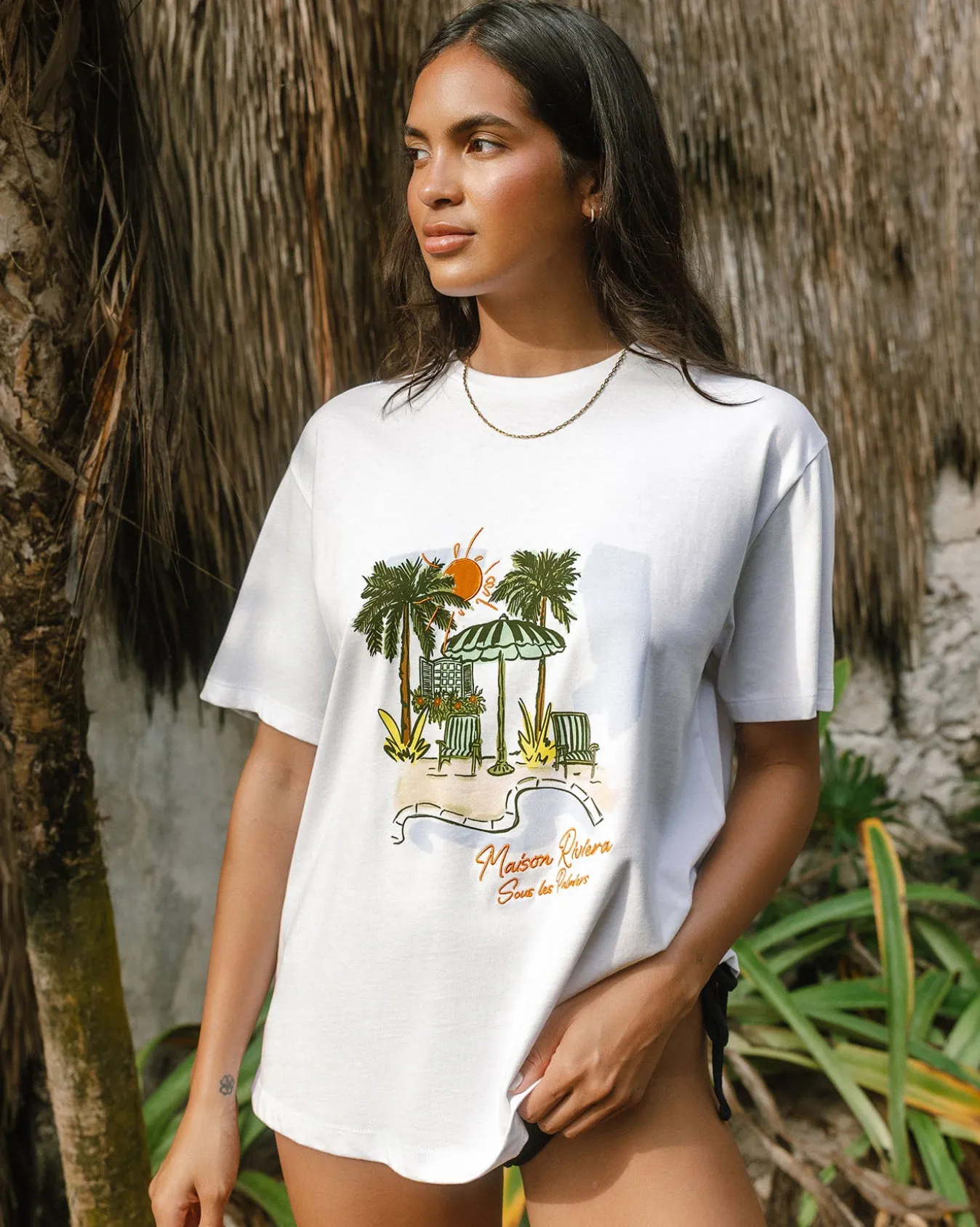 Organic Cotton Embroidered Maison Riviera Sous Les Palmiers Print T-Shirt