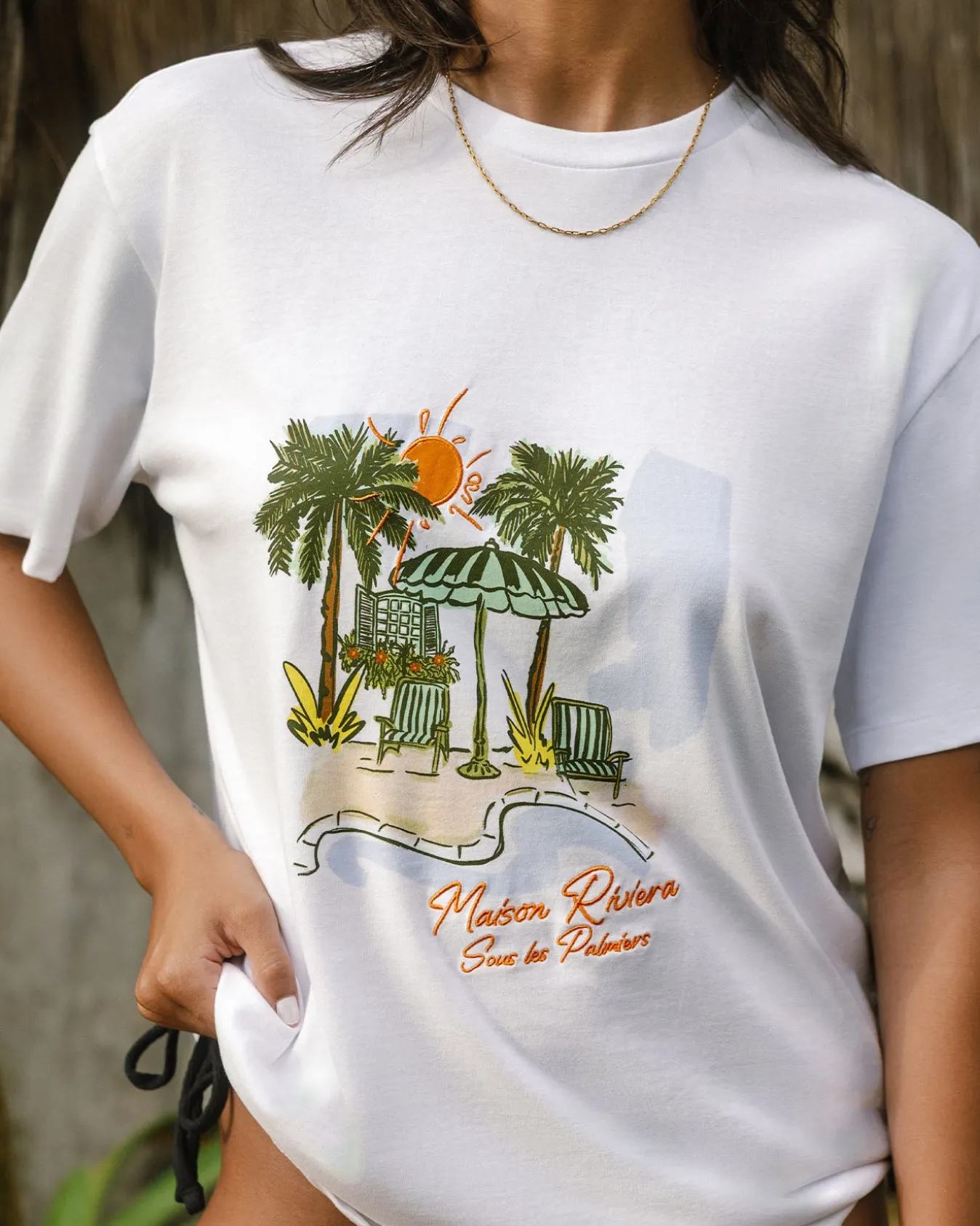 Organic Cotton Embroidered Maison Riviera Sous Les Palmiers Print T-Shirt