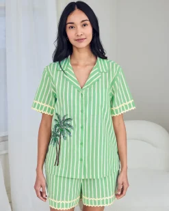 Organic Cotton Embroidered Tropical Palm Stripe Short Pyjama Set