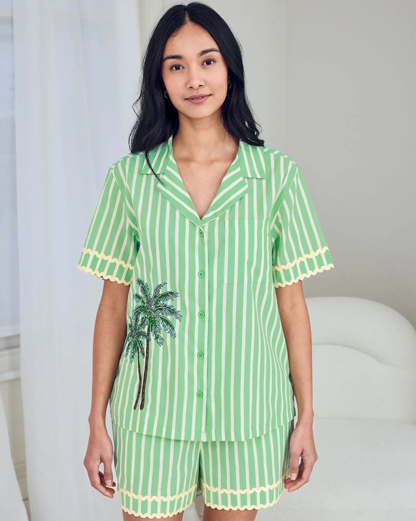 Organic Cotton Embroidered Tropical Palm Stripe Short Pyjama Set
