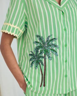 Organic Cotton Embroidered Tropical Palm Stripe Short Pyjama Set