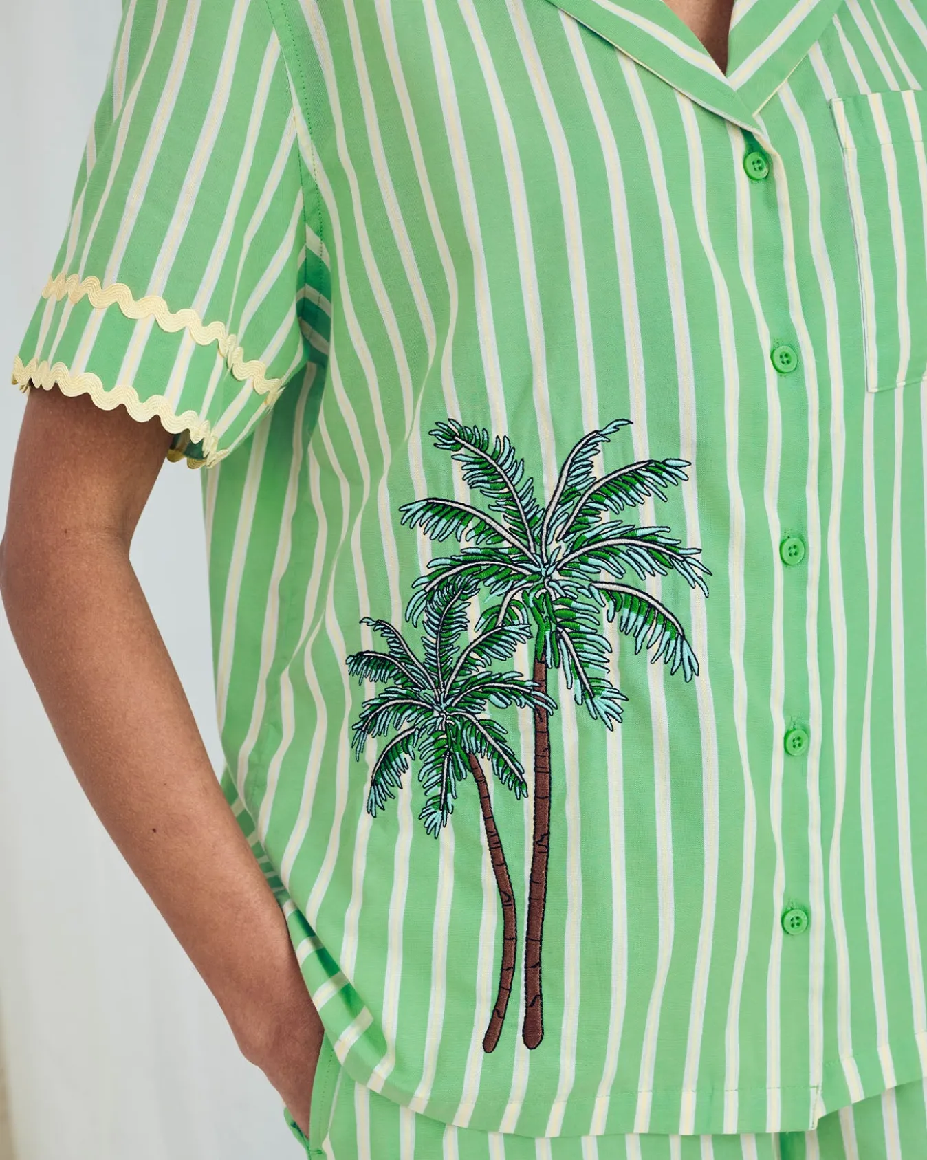 Organic Cotton Embroidered Tropical Palm Stripe Short Pyjama Set