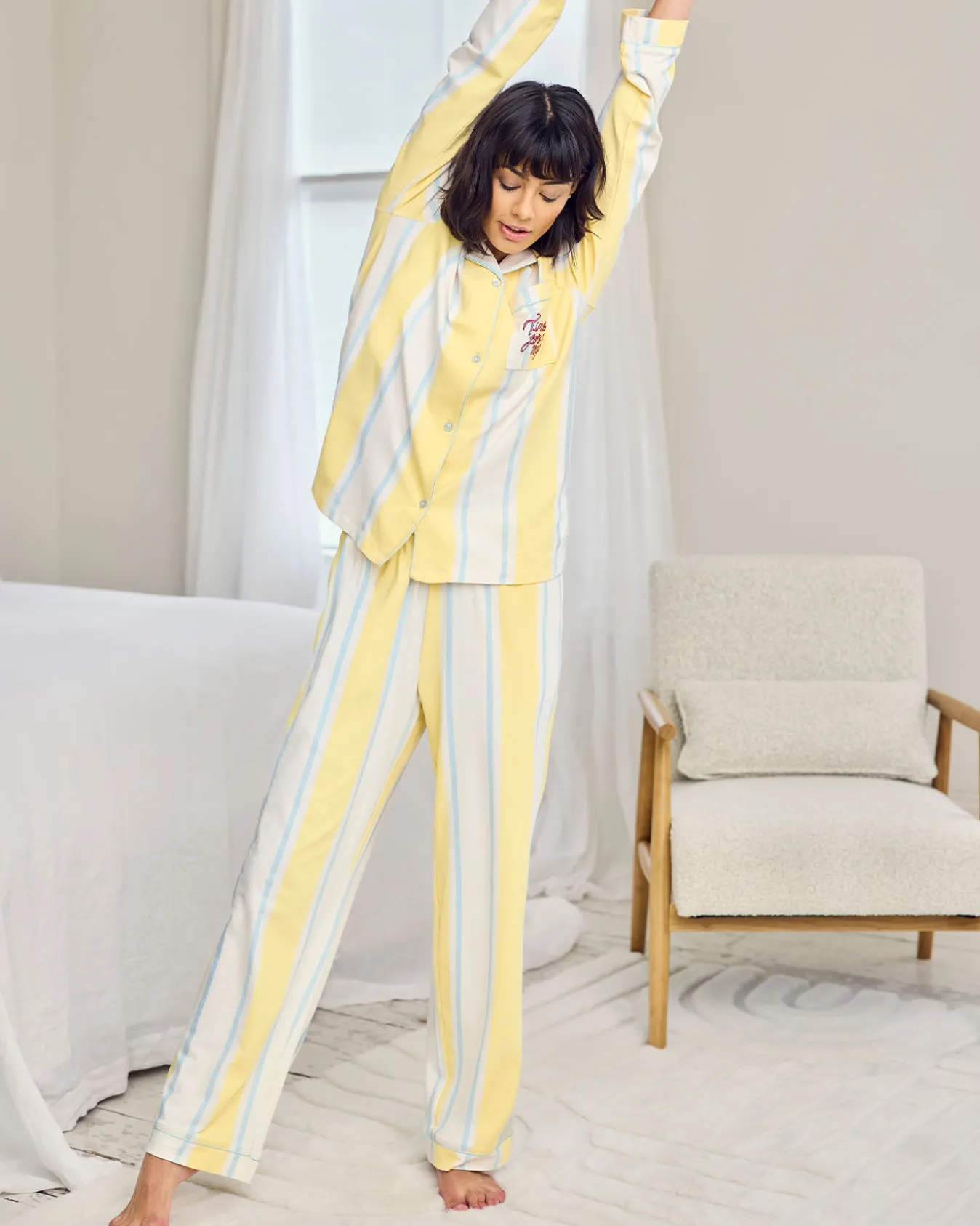 Organic Cotton Embroidered Time for a Nap Long Pyjama Set - Yellow