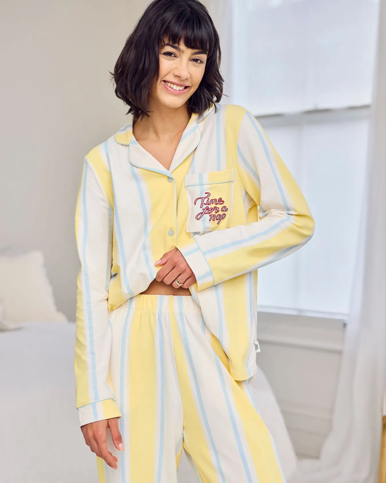 Organic Cotton Embroidered Time for a Nap Long Pyjama Set - Yellow