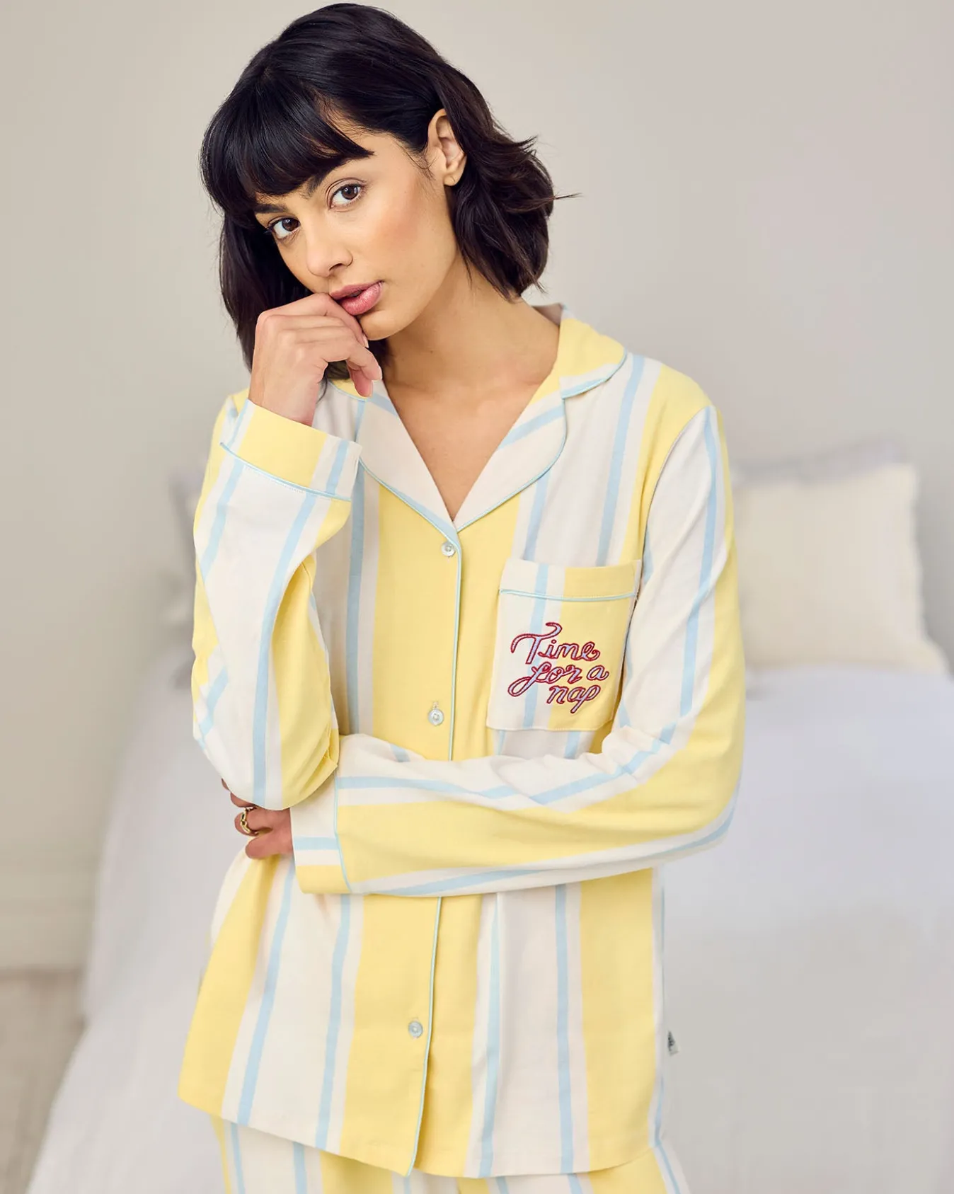 Organic Cotton Embroidered Time for a Nap Long Pyjama Set - Yellow