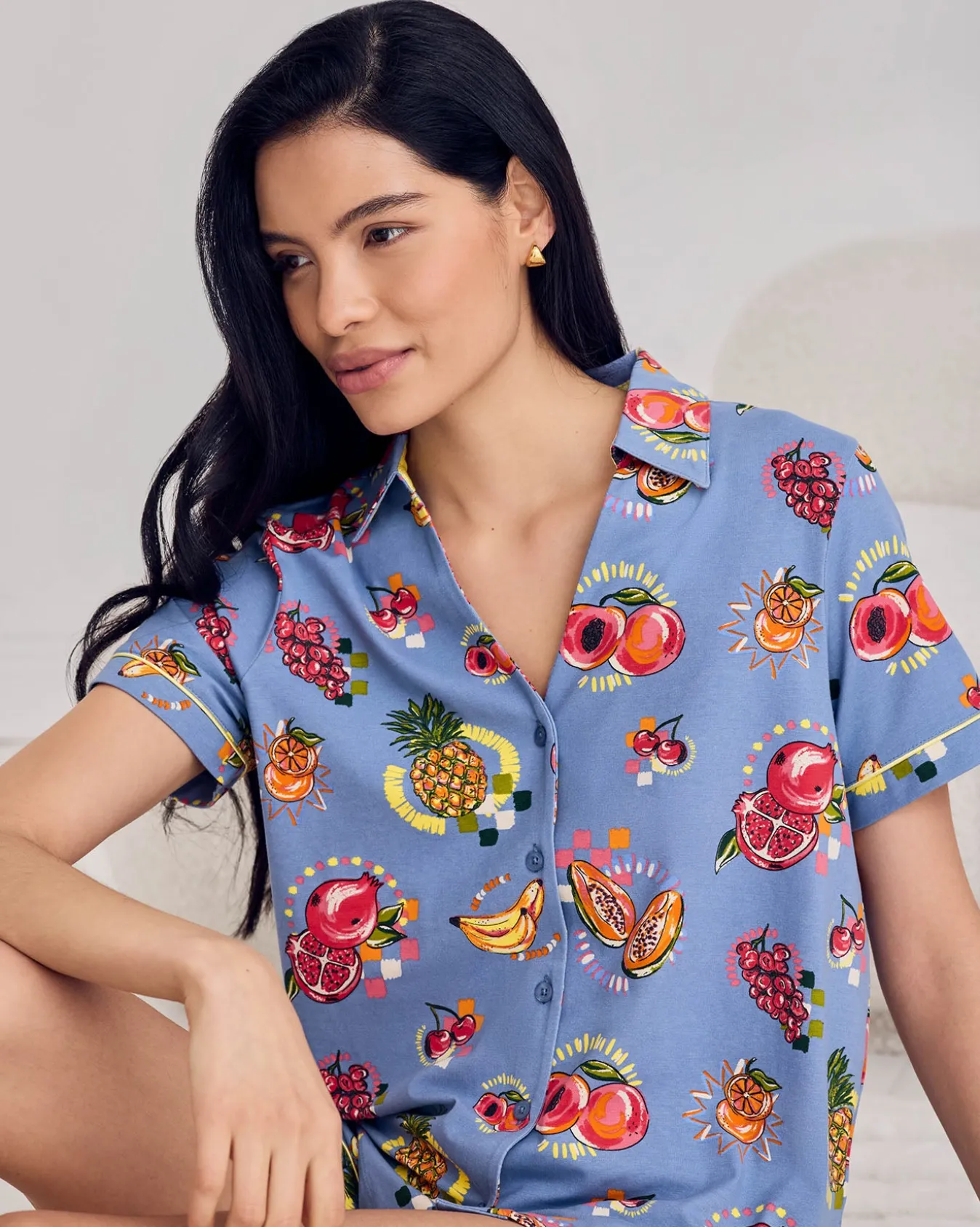 Organic Cotton Fruit Party Print Button Up Short Pyjama Set