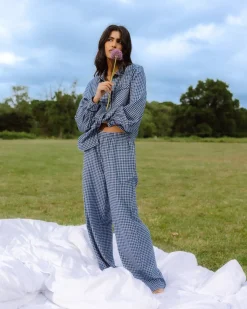 Organic Cotton Gingham Check Long Pyjama Set - Blue