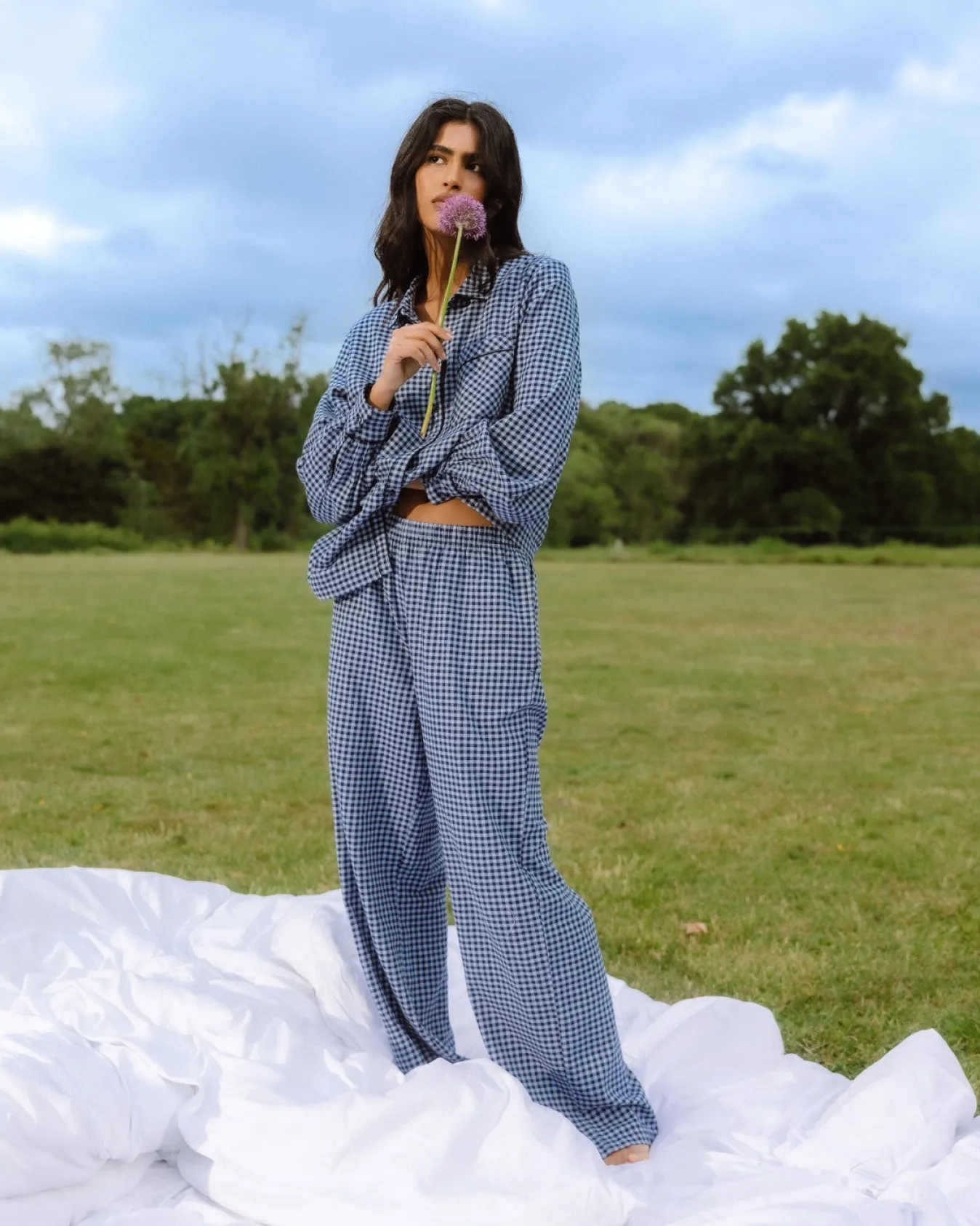Organic Cotton Gingham Check Long Pyjama Set - Blue