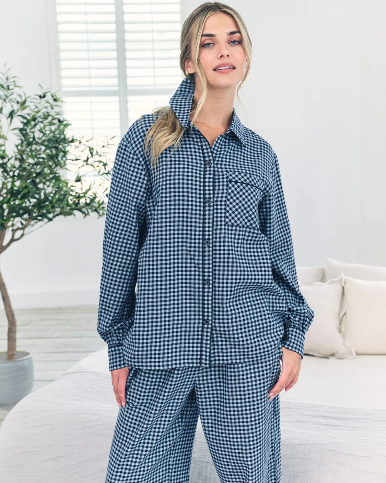 Organic Cotton Gingham Check Long Pyjama Set - Blue