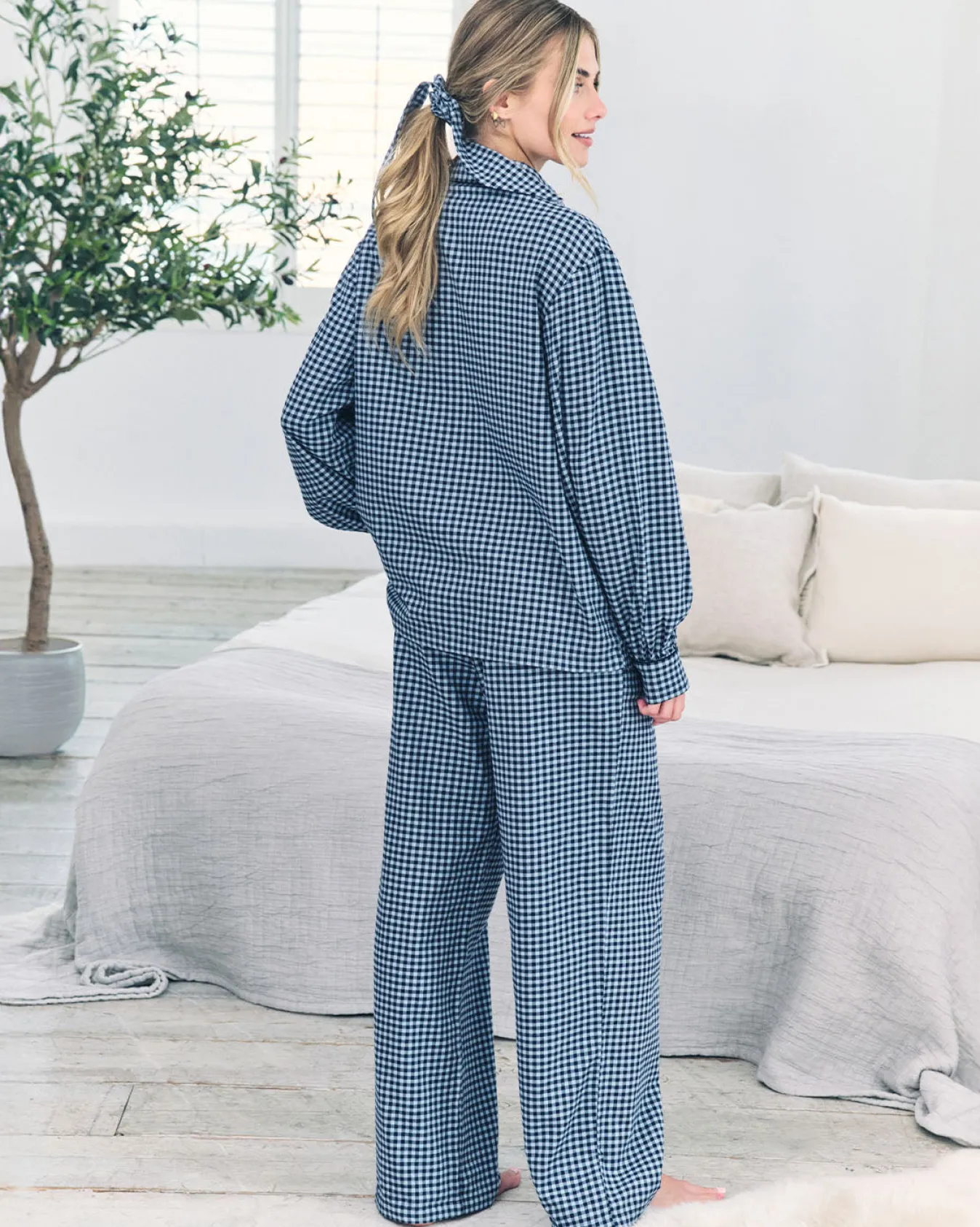 Organic Cotton Gingham Check Long Pyjama Set - Blue