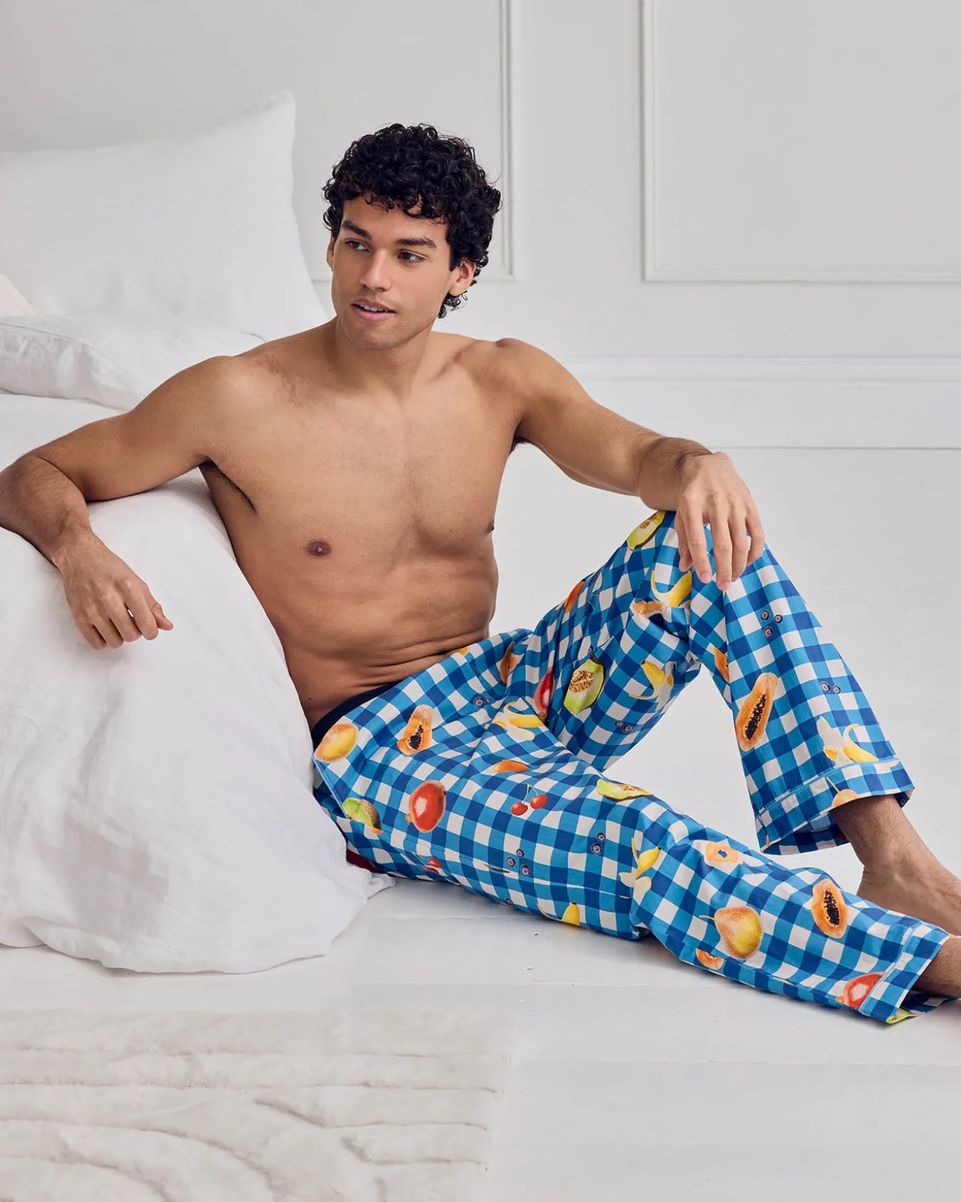 Organic Cotton Gingham Tropical Fruit Print Long Pyjama Bottoms