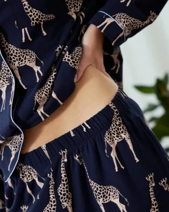 Organic Cotton Giraffe Print Long Pyjama Set - Navy