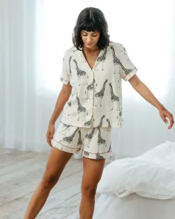 Organic Cotton Giraffe Print Short Pyjama Set - Cream