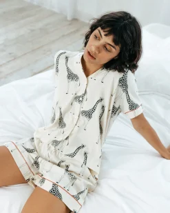 Organic Cotton Giraffe Print Short Pyjama Set - Cream