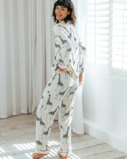 Organic Cotton Giraffe Print Long Pyjama Set - Cream