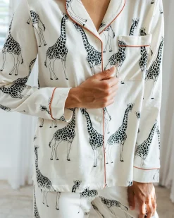 Organic Cotton Giraffe Print Long Pyjama Set - Cream