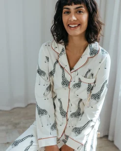Organic Cotton Giraffe Print Long Pyjama Set - Cream