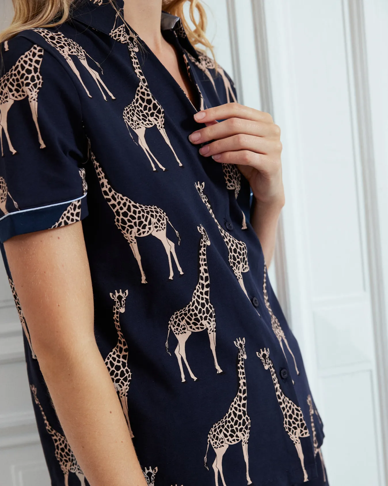 Organic Cotton Giraffe Print Short Pyjama Set - Navy