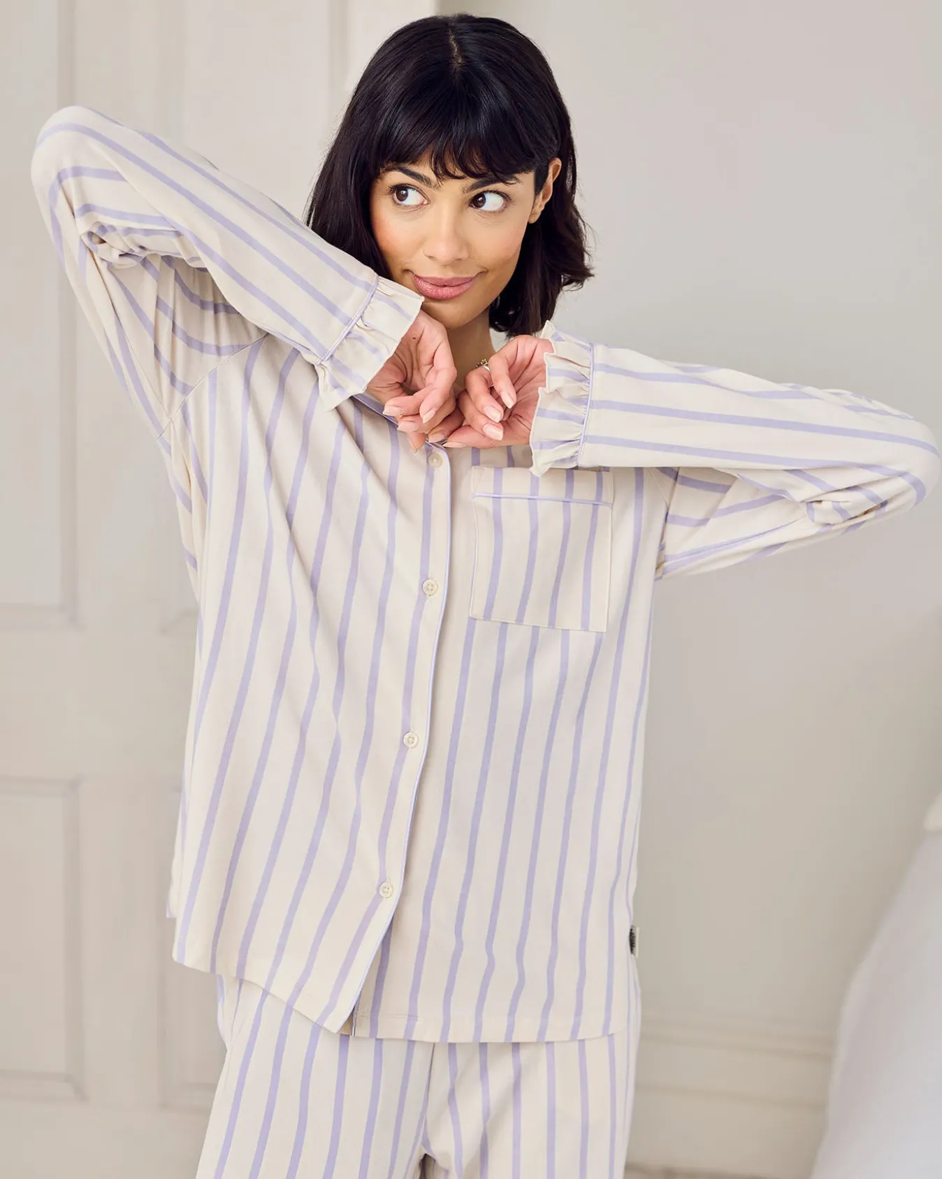 Organic Cotton Lilac Stripe Frill Long Pyjama Set