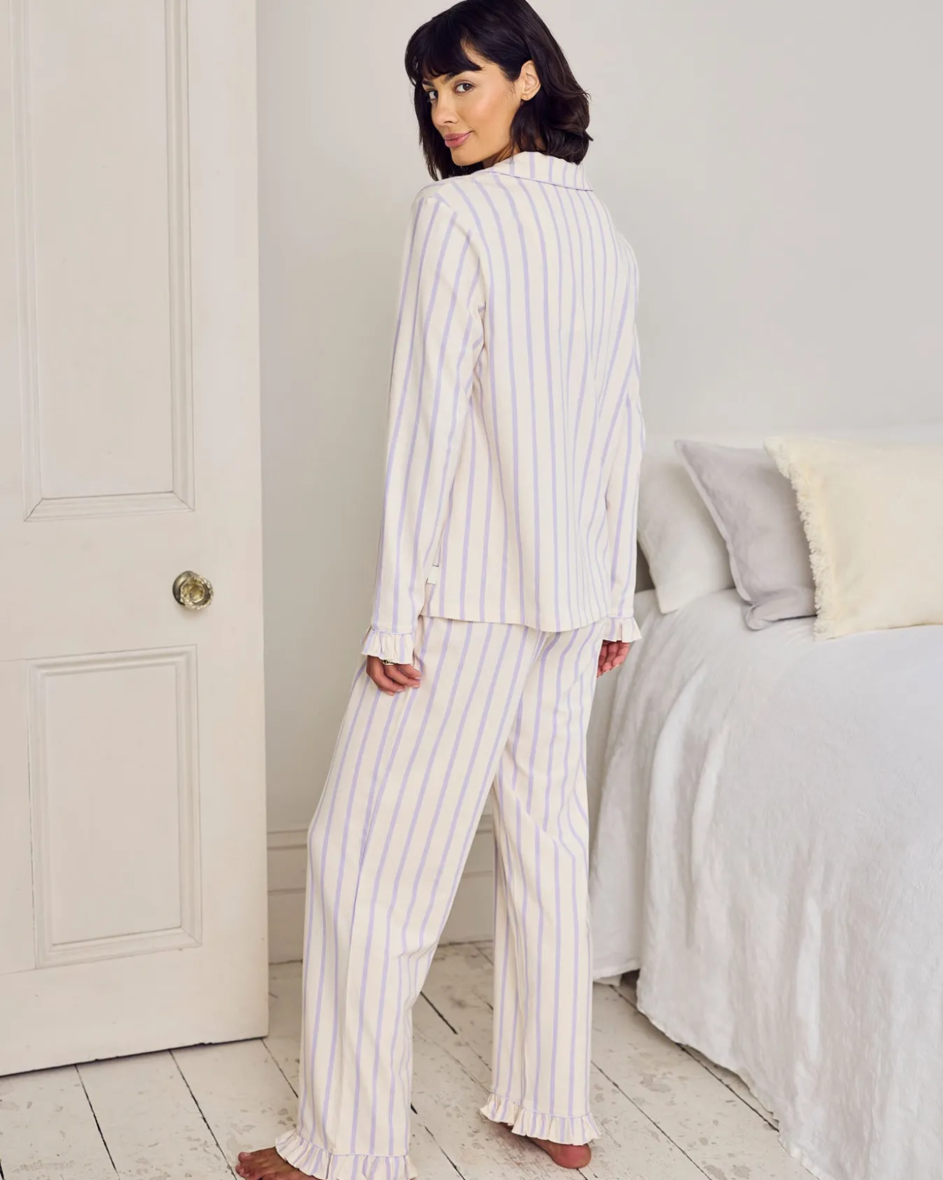 Organic Cotton Lilac Stripe Frill Long Pyjama Set