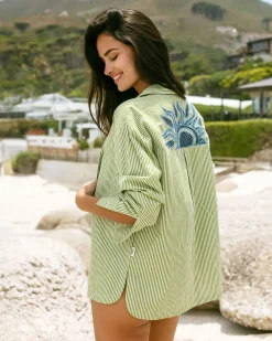 Organic Cotton Poplin Embroidered Back Stripe Long Sleeve Shirt