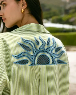 Organic Cotton Poplin Embroidered Back Stripe Long Sleeve Shirt