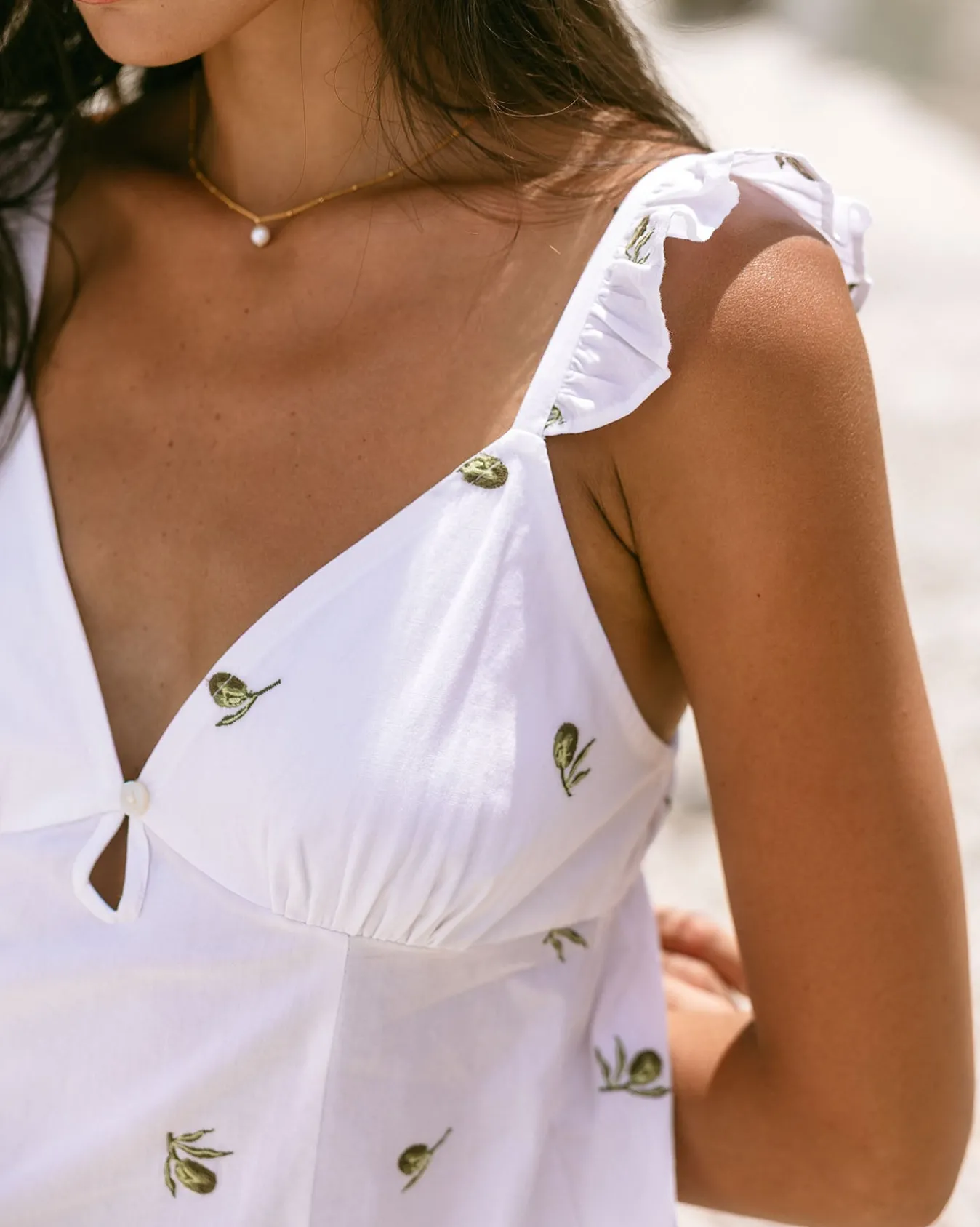 Organic Cotton Poplin Embroidered Olive Print Frill Cami Top - White