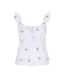 Organic Cotton Poplin Embroidered Olive Print Frill Cami Top - White