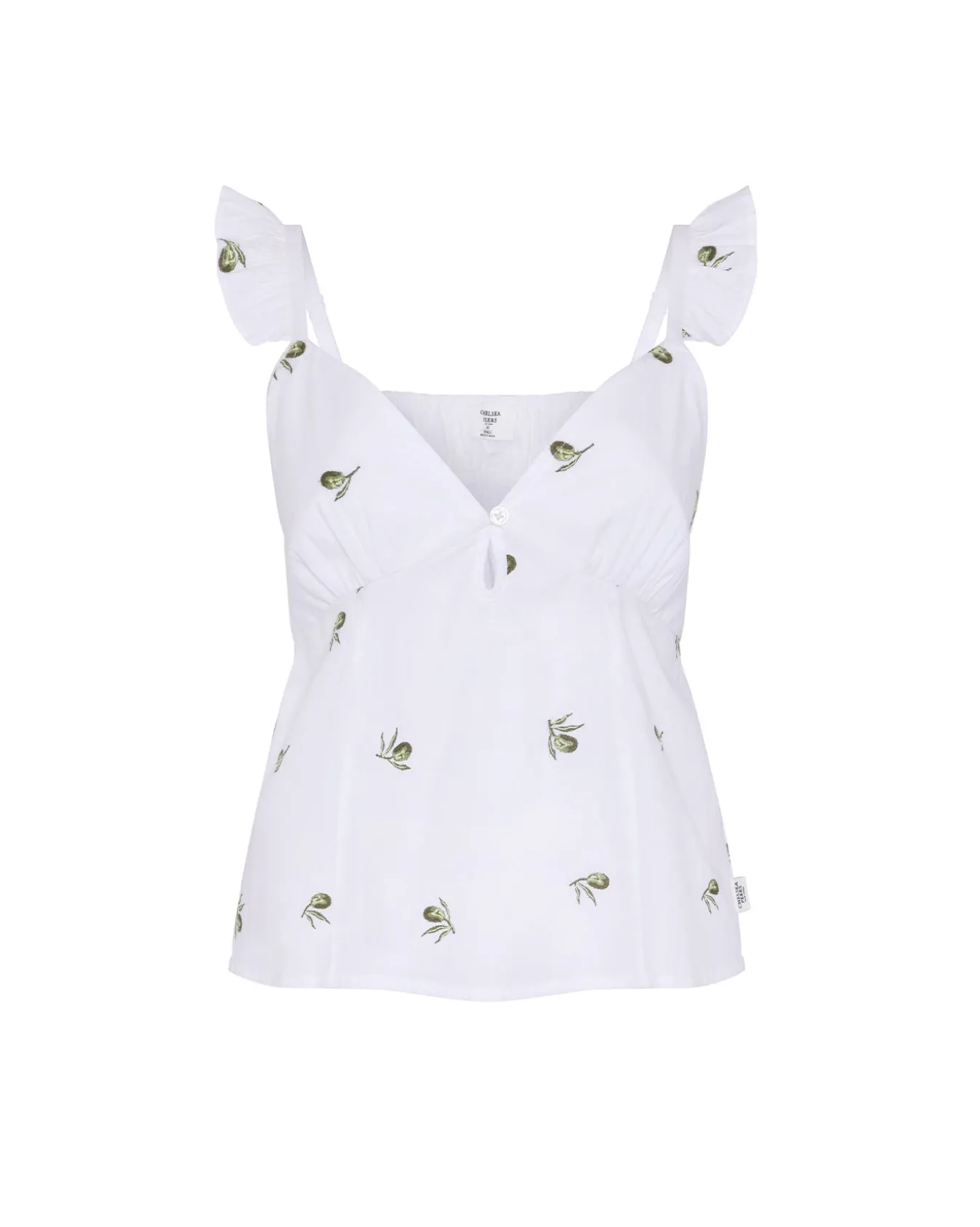 Organic Cotton Poplin Embroidered Olive Print Frill Cami Top - White