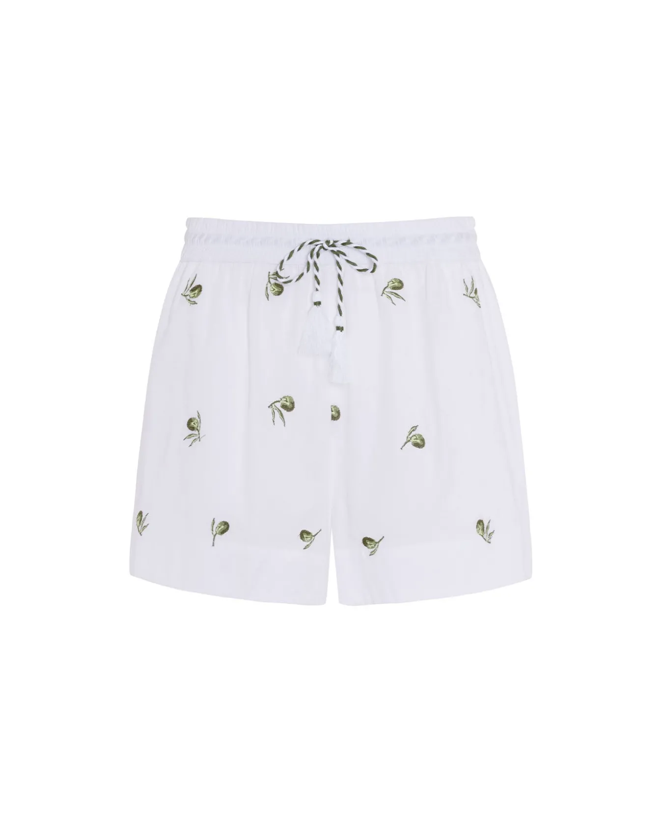 Organic Cotton Poplin Embroidered Olive Print Shorts - White