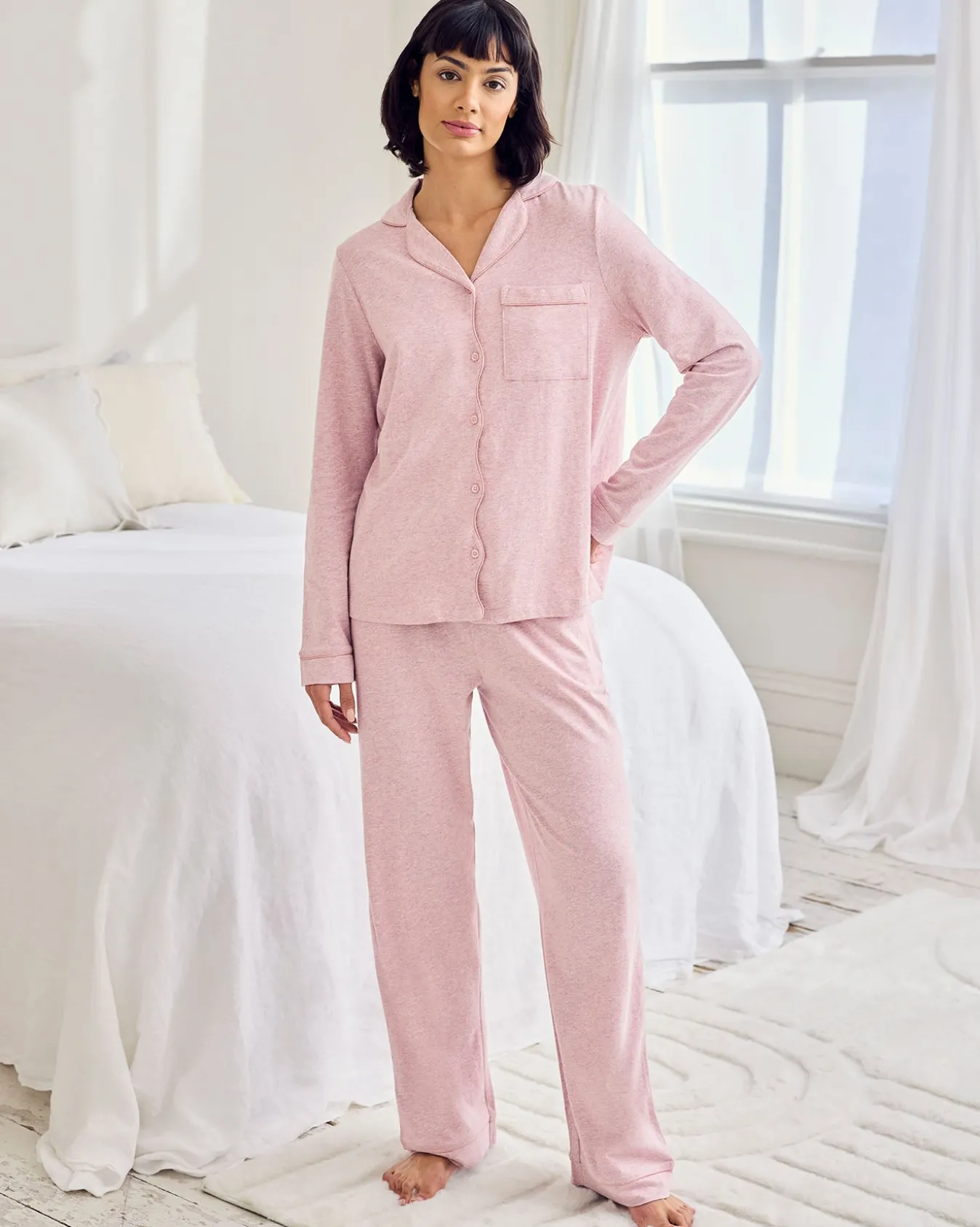 Organic Cotton Scallop Edge Long Pyjama Set - Pink