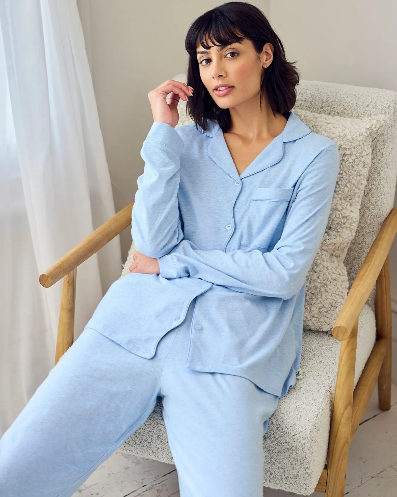 Organic Cotton Scallop Edge Long Pyjama Set - Blue