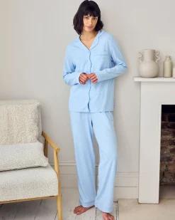 Organic Cotton Scallop Edge Long Pyjama Set - Blue