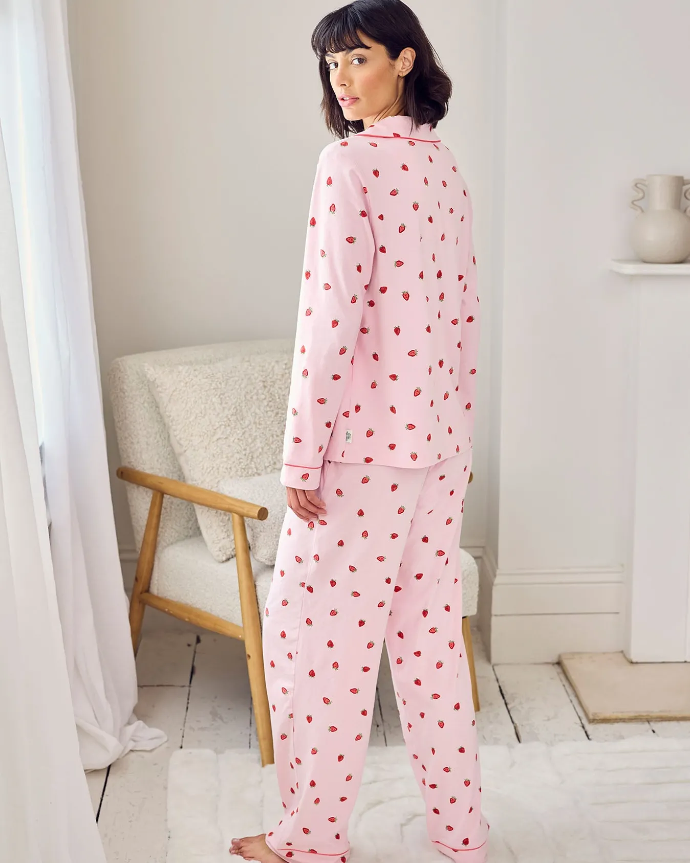 Organic Cotton Strawberry Print Scallop Edge Long Pyjama Set