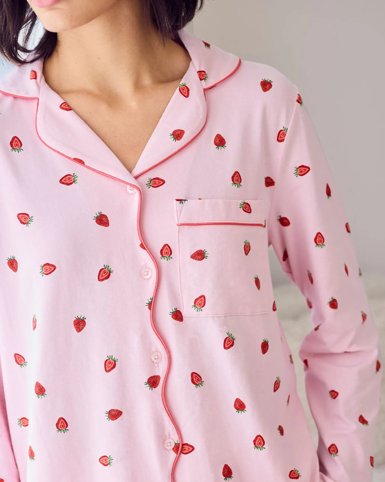 Organic Cotton Strawberry Print Scallop Edge Long Pyjama Set