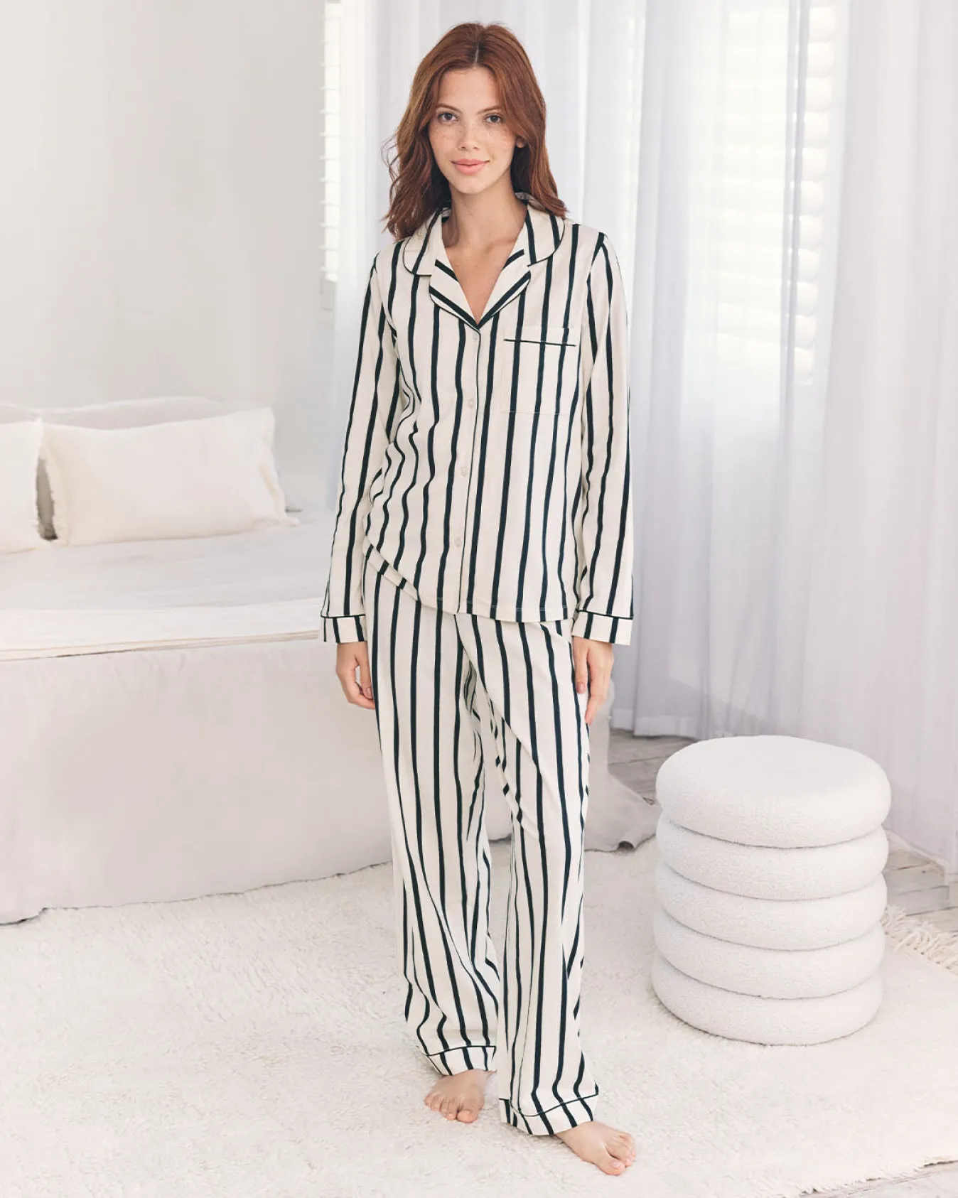 Organic Cotton Stripe Long Pyjama Set - Navy