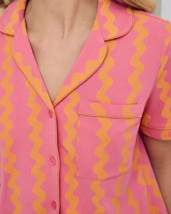 Organic Cotton Sunset Wavy Stripe Button Up Short Pyjama Set