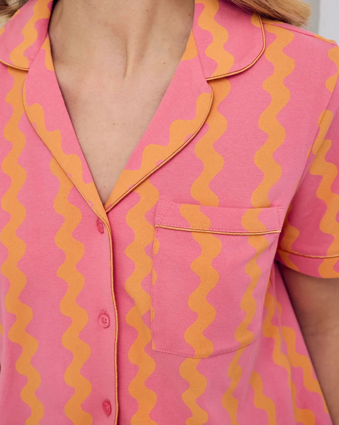 Organic Cotton Sunset Wavy Stripe Button Up Short Pyjama Set