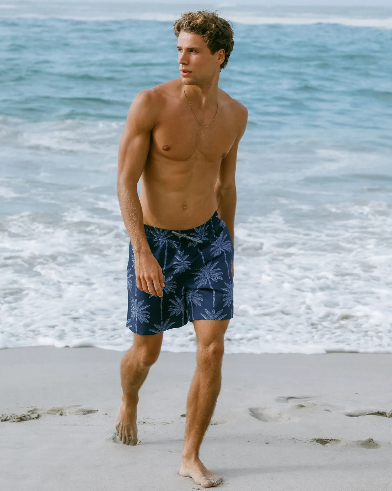 Palm Tree Print Swim Shorts - Navy
