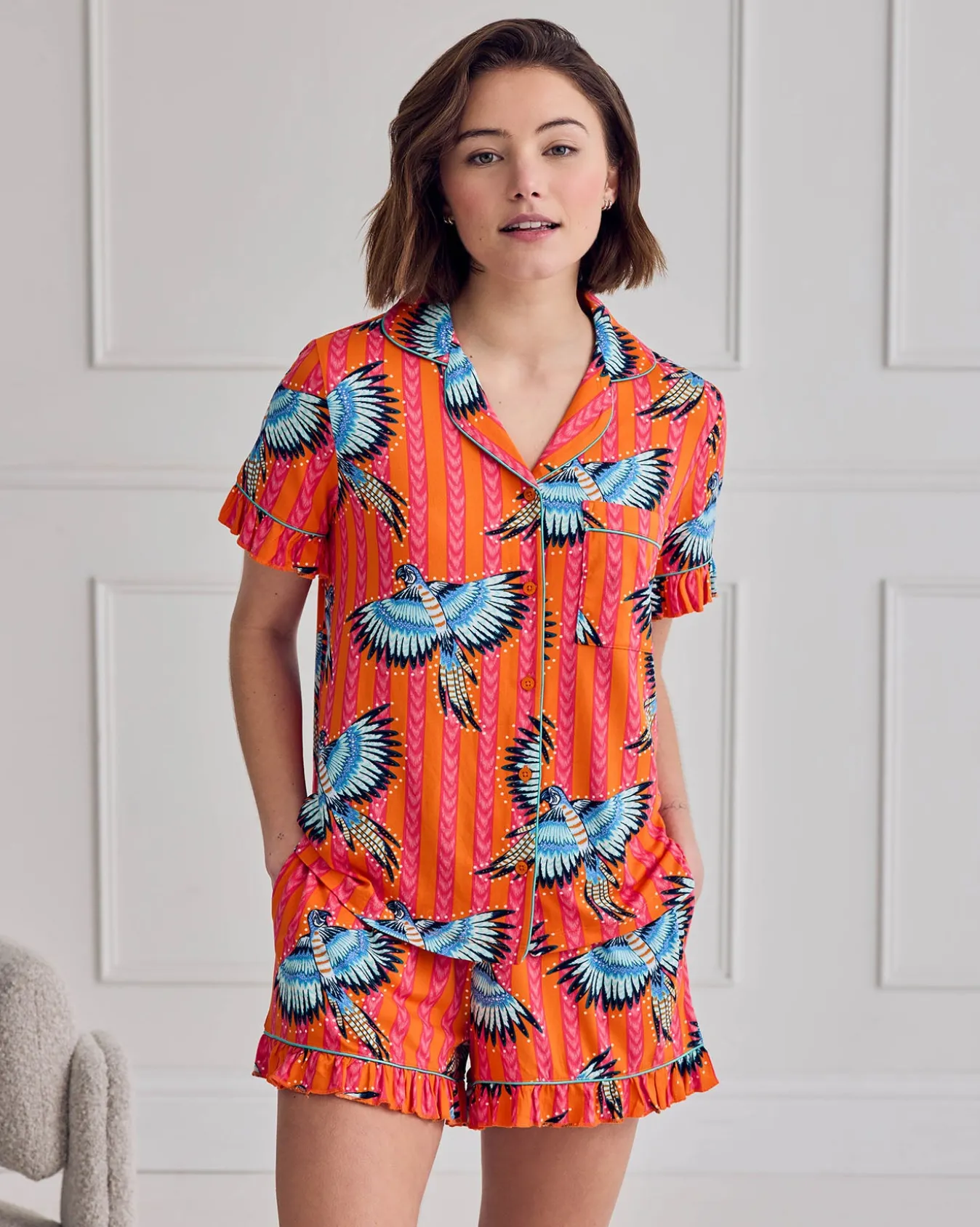Parrot Stripe Print Frill Short Pyjama Set