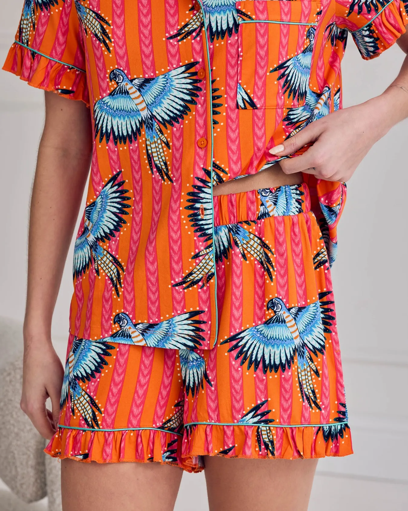 Parrot Stripe Print Frill Short Pyjama Set
