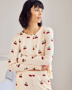 Petite Cherry Print Cardigan Ribbed Long Pyjama Set