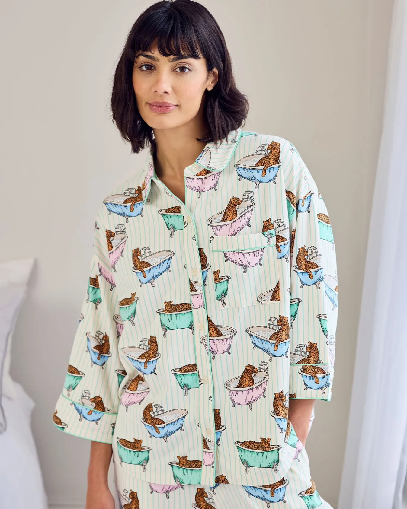 Petite Organic Cotton Bubble Bath Leopards Print Long Pyjama Set