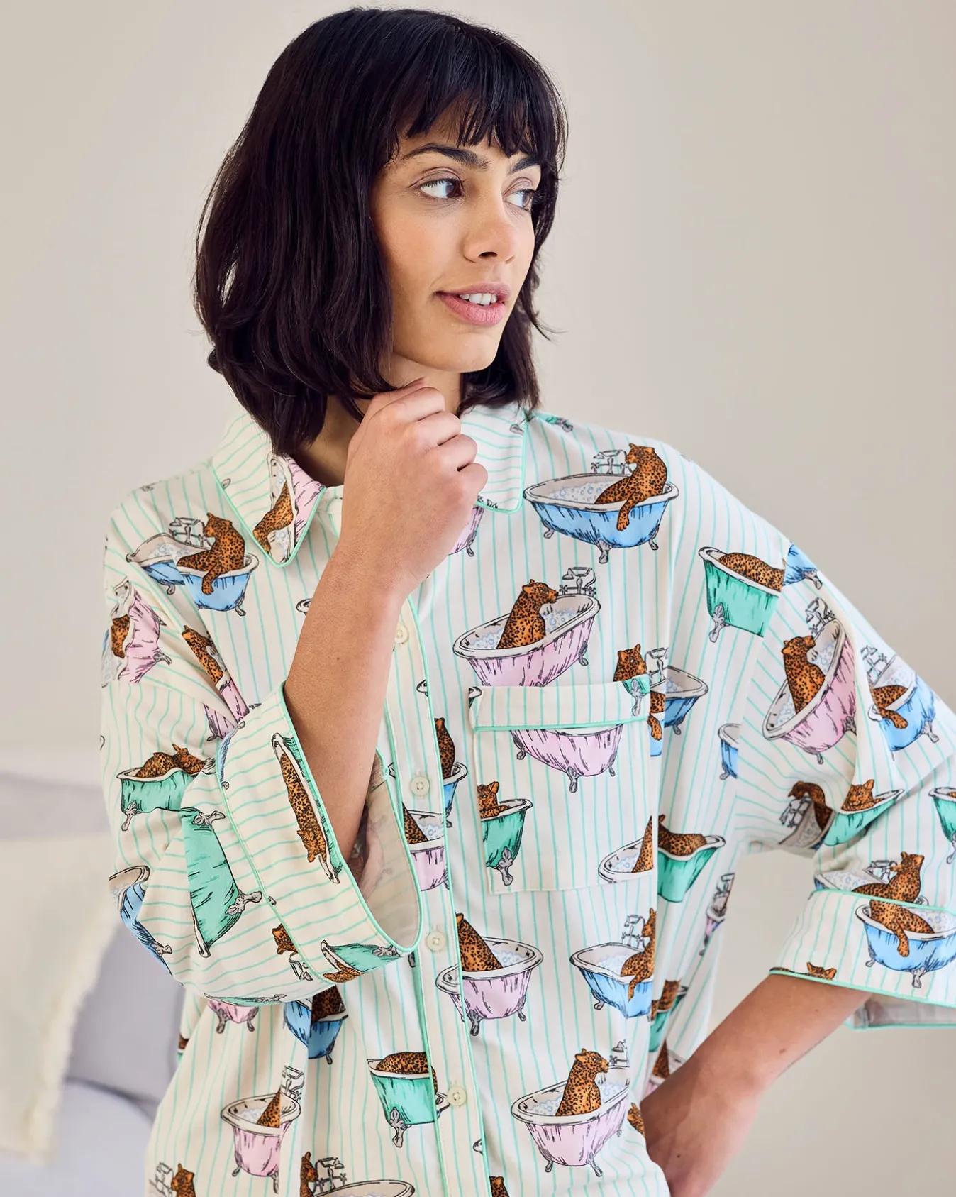 Petite Organic Cotton Bubble Bath Leopards Print Long Pyjama Set