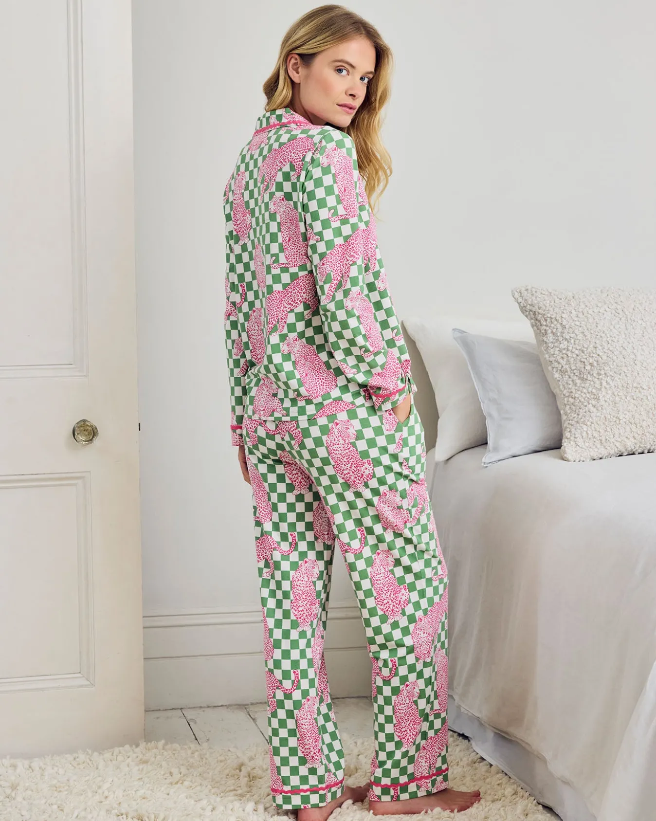 Petite Organic Cotton Checkerboard Leopards Print Long Pyjama Set