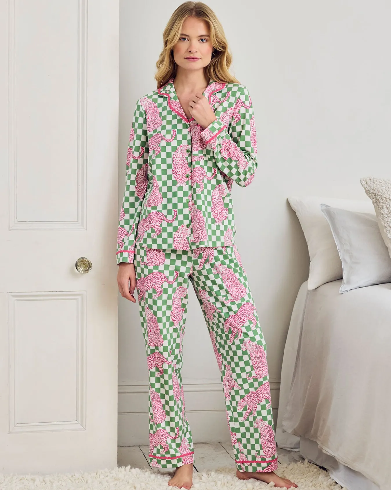 Petite Organic Cotton Checkerboard Leopards Print Long Pyjama Set