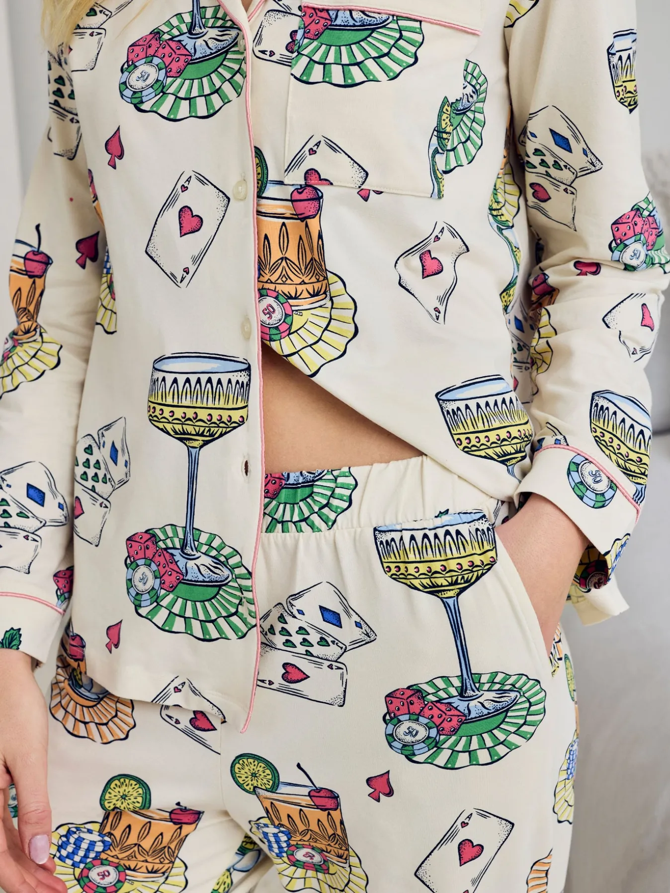 Petite Organic Cotton Cocktails & Cards Print Long Pyjama Set
