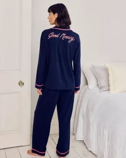 Petite Organic Cotton Embroidered Back Good Morning Long Pyjama Set - Navy