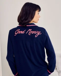 Petite Organic Cotton Embroidered Back Good Morning Long Pyjama Set - Navy
