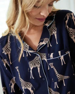 Petite Organic Cotton Giraffe Print Long Pyjama Set - Navy